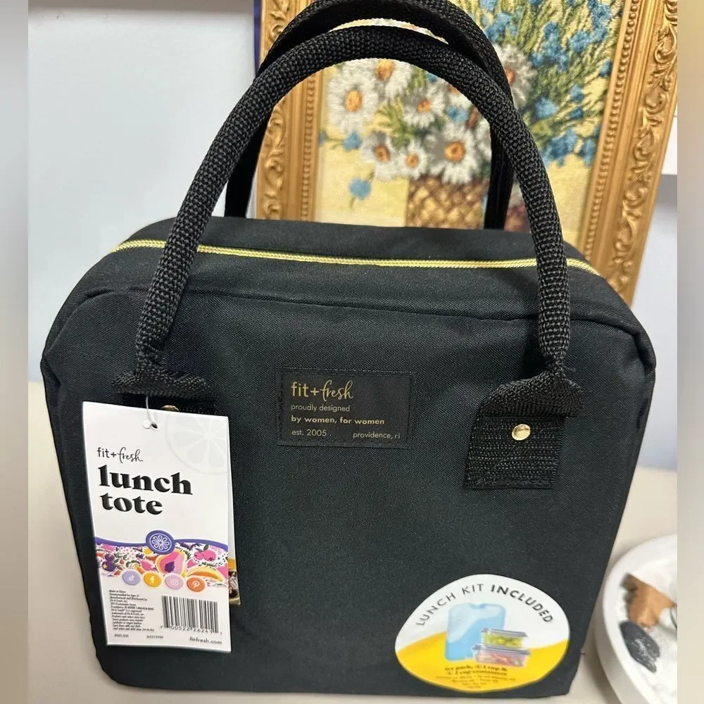 fit + fresh Bloomington Black Lunch Tote Bag w/ Handles Ice Pack & 2 Containers